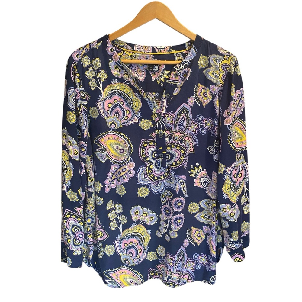 Talbots Navy Blue Paisley Print Rayon Button Blouse 3/4 Sleeve Plus Size 1X Flaw